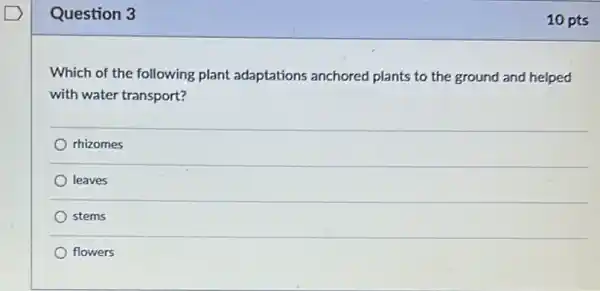 Question 3
Which of the following plant adaptations anchored plants to the ground and helped
with water transport?
rhizomes
leaves
stems
flowers
10 pts