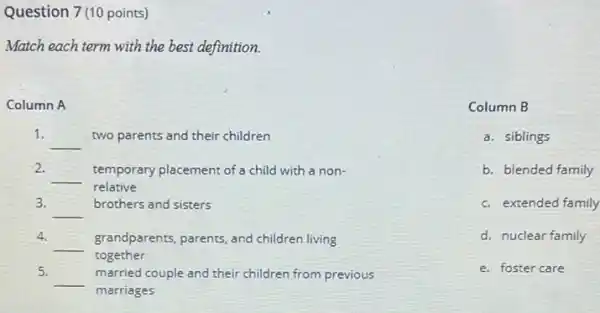 Question 7(10 points)
Match each term with the best definition.
Column A
1.
__ two parents and their children
2.
__ temporary placement of a child with a non-
relative
3.
__
brothers and sisters
4.
__ grandparents, parents, and children living
together
5.
__ married couple and their children from previous
marriages
Column B
a. siblings
b. blended family
c. extended family
d. nuclear family
e. foster care