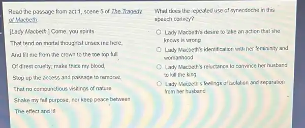 Read the passage from act 1, scene 5 of The Tragedy
of Macbeth
[Lady Macbeth.] Come you spirits
That tend on mortal thoughts! unsex me here,
And fill me from the crown to the toe top full
Of direst cruelty; make thick my blood,
Stop up the access and passage to remorse,
That no compunctious visitings of nature
Shake my fell purpose nor keep peace between
The effect and it!
What does the repeated use of synecdoche in this
speech convey?
Lady Macbeth's desire to take an action that she
knows is wrong
Lady Macbeth's identification with her femininity and
womanhood
Lady Macbeth's reluctance to convince her husband
to kill the king
Lady Macbeth's feelings of isolation and separation
from her husband