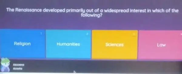 The Renaissance developed primarily out of a widespread interest in which of the
following?
Religion
2
Humanities
Sciences
Law