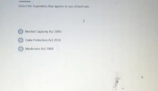 Select the legislation that applies to use of bed rails
Mental Capacity Act 2005
Data Protoction Act 2010
Modicines Act 1908