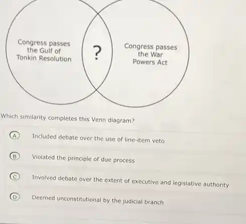 Which similarity completes this Venn diagram?
A Included debate over the use of line-item veto
B Violated the principle of due process
C
Involved debate over the extent of executive and legislative authority
D
Deemed unconstitutional by the judicial branch