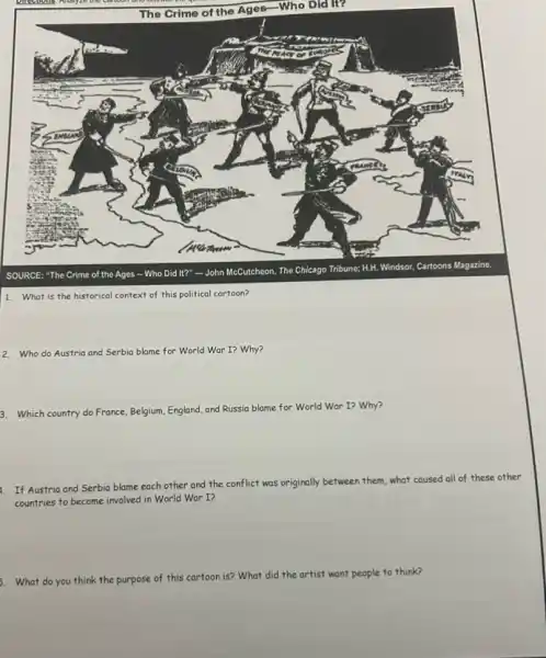 SOURCE: "The Crime of the Ages - Who Did It?"-John McCutcheon, The Chicago
Tribune; H.H. Windsor, Cartoons Magazine.
1. What is the historical context of this political cartoon?
2. Who do Austria and Serbia blame for World War I? Why?
3. Which country do France, Belgium, England, and Russia blame for World War I? Why?
1. If Austria and Serbia blame each other and the conflict was originally between them, what caused all of these other
countries to become involved in World War I?
5. What do you think the purpose of this cartoon is? What
did the artist t want people to think?