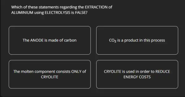 Which of these statements regarding the EXTRACTION of
ALUMINIUM using ELECTROLYSIS is FALSE?
The ANODE is made of carbon
CO_(2) is a product in this process
The molten component consists ONLY of
CRYOLITE
CRYOLITE is used in order to REDUCE
ENERGY COSTS