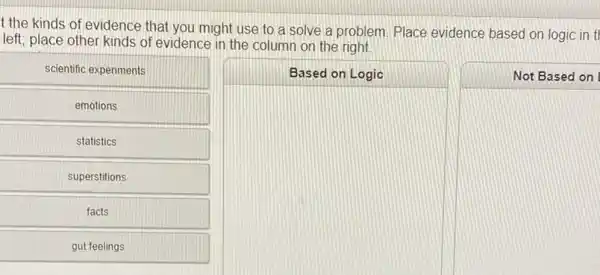 t the kinds of evidence that you might use to a solve a problem. Place evidence based on logic in tl
left; place other kinds of evidence in the column on the right.
scientific experiments
emotions
statistics
superstitions
facts
gut feelings
Based on Logic
square 
Not Based on I
square