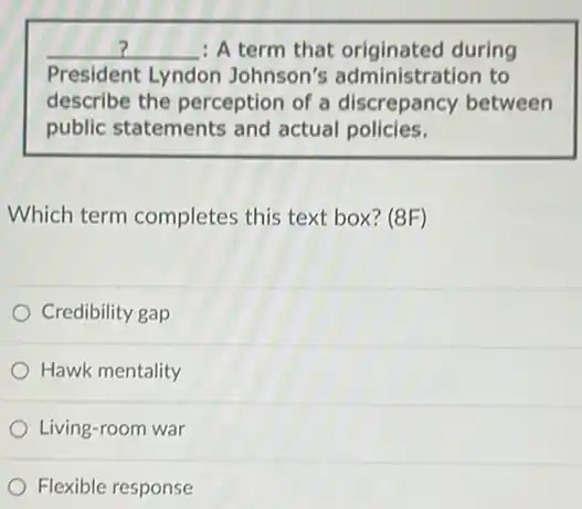 __ : A term that originated during
President Lyndon Johnson's administration to
describe the perception of a discrepancy between
public statements and actual policies.
Which term completes this text box? (8F)
Credibility gap
Hawk mentality
Living-room war
Flexible response