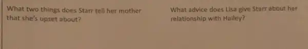 What two things does Starr tell her mother
that she's upset about?
What advice does Lisa give Starr about her
relationship with Hailey?