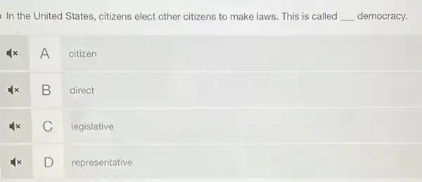 In the United States citizens elect other citizens to make laws. This is called __ democracy.
A citizen
B direct
C
legislative
D
representative