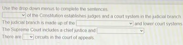 Use the drop-down menus to complete the sentences.
square  of the Constitution establishes judges and a court system in the judicial branch.
The judicial branch is made up of the square  and lower court systems
The Supreme Court includes a chief justice and square 
There are square  circuits in the court of appeals