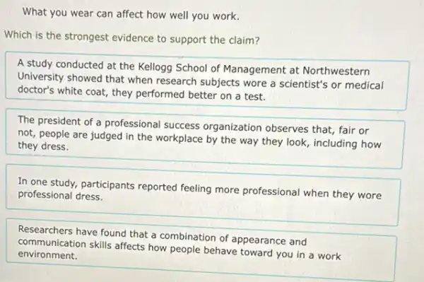 What you wear can affect how well you work.
Which is the strongest evidence to support the claim?
A study conducted at the Kellogg School of Management at Northwestern
University showed that when research subjects wore a scientist's or medical
doctor's white coat, they performed better on a test.
The president of a professional success organization observes that fair or
not, people are judged in the workplace by the way they look including how
they dress.
In one study, participants reported feeling more professional when they wore
professional dress.
Researchers have found that a combination of appearance and
communication skills affects how people behave toward you in a work
environment.