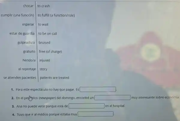 chocar to crash
cumplir (una función) to fulfill (a function/role)
esperar to wait
estar de guardia to be on call
golpeado/a bruised
gratuito free (of charge)
herido/a injured
el reportaje story
se atienden pacientes patients are treated
1. Para este espectáculo no hay que pagar. Es| square 
2. En el pethydico (newspopen del domingo, encontré un square  muy interesante
3. Ana no puede venir porque está de square  en el hospital.
4. Tuvo que ir al médico porque estaba muy square