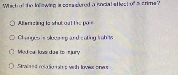 Which of the following is considered a social effect of a crime?
Attempting to shut out the pain
Changes in sleeping and eating habits
Medical loss due to injury
Strained relationship with loves ones