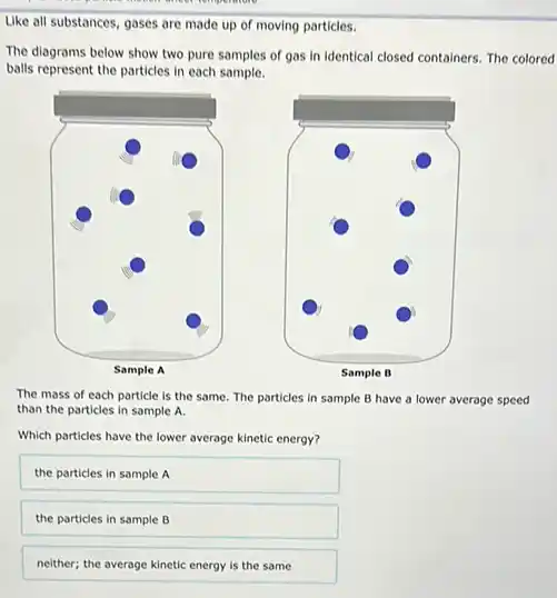 Like all substances, gases are made up of moving particles.
The diagrams below show two pure samples of gas in identical closed containers. The colored
balls represent the particles in each sample.
square 
complete
The mass of each particle is the same The particles in sample B have a lower average speed
than the particles in sample A.
Which particles have the lower average kinetic energy?
the particles in sample A
the particles in sample B
nelther; the average kinetic energy is the same