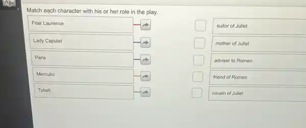 Match each character with his or her role in the play.
Friar Laurence
Lady Capulet
Paris
Mercutio
Tybalt
 square 
 square 
 square 
 square 
suitor of Juliet
mother of Juliet
adviser to Romeo
friend of Romeo
cousin of Juliet