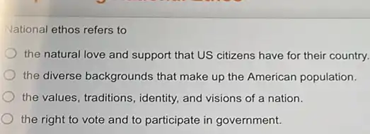 National ethos refers to
the natural love and support that US citizens have for their country.
the diverse backgrounds that make up the American population.
the values, traditions, identity,and visions of a nation.
the right to vote and to participate in government.