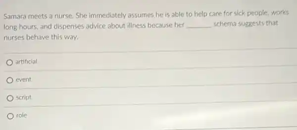 Samara meets a nurse She immediately assumes he is able to help care for sick people.works
long hours, and dispenses advice about illness because her __ schema suggests that
nurses behave this way.
artificial
event
script
role