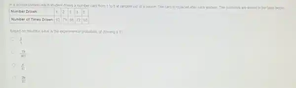 In a school contest, each student draws a number card from 1 to 5 at random out of a basket. The card is replaced after each student. The outcomes are shown in the table below.

 Number Drawn & 1 & 2 & 3 & 4 & 5 
 Number of Times Drawn & 63 & 79 & 88 & 72 & 85 


Based on the data, what is the experimental probability of drawing a 3 ?
 (1)/(5) 
 (70)/(407) 
 (8)/(37) 
 (20)/(37)