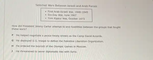 Selected Wars Between Israel and Arab Forces
First Arab-Israell War, 1948 -1949
Six-Day War, June 1967
- Yom Kippur War, October 1973
How did President Jimmy Carter attempt to end hostilities between the groups that fought
these wars?
F He helped negotiate a peace treaty known as the Camp David Accords.
G He deployed U.S troops to defeat the Palestine Liberation Organization.
H He ordered the boycott of the Olympic Games in Moscow.
J He threatened to sever diplomatic ties with Syria.