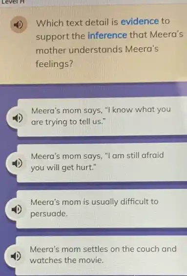 Which text detail is evidence to
support the inference that Meera's
mother understands Meera's
feelings?
Meera's mom says, "I know what you
are trying to tell us.
Meera's mom says, "I am still afraid
you will get hurt."
Meera's mom is usually difficult to
persuade.
Meera's mom settles on the couch and