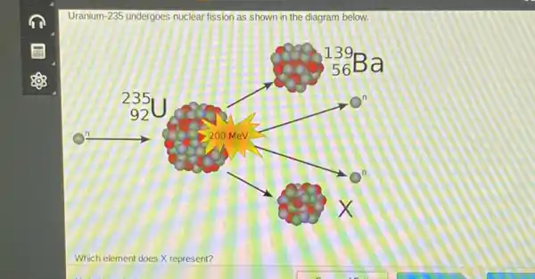 Uranium-235 undergoes nuclear fission as shown in the diagram below.
(}_{56)^139Ba
235	O^n
92
n	200 MeV
O^n
x
Which element does X represent?