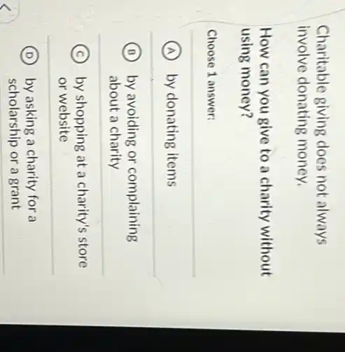Charitable giving does not always
involve donating money.
How can you give to a charity without
using money?
Choose 1 answer:
A by donating items
B by avoiding or complaining
about a charity
C by shopping at a charity's store
or website
D by asking a charity for a